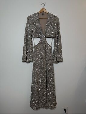 Express Fully Silver Metallic Sequin Shimmer Longsleeve Cut Out Maxi Length Gown